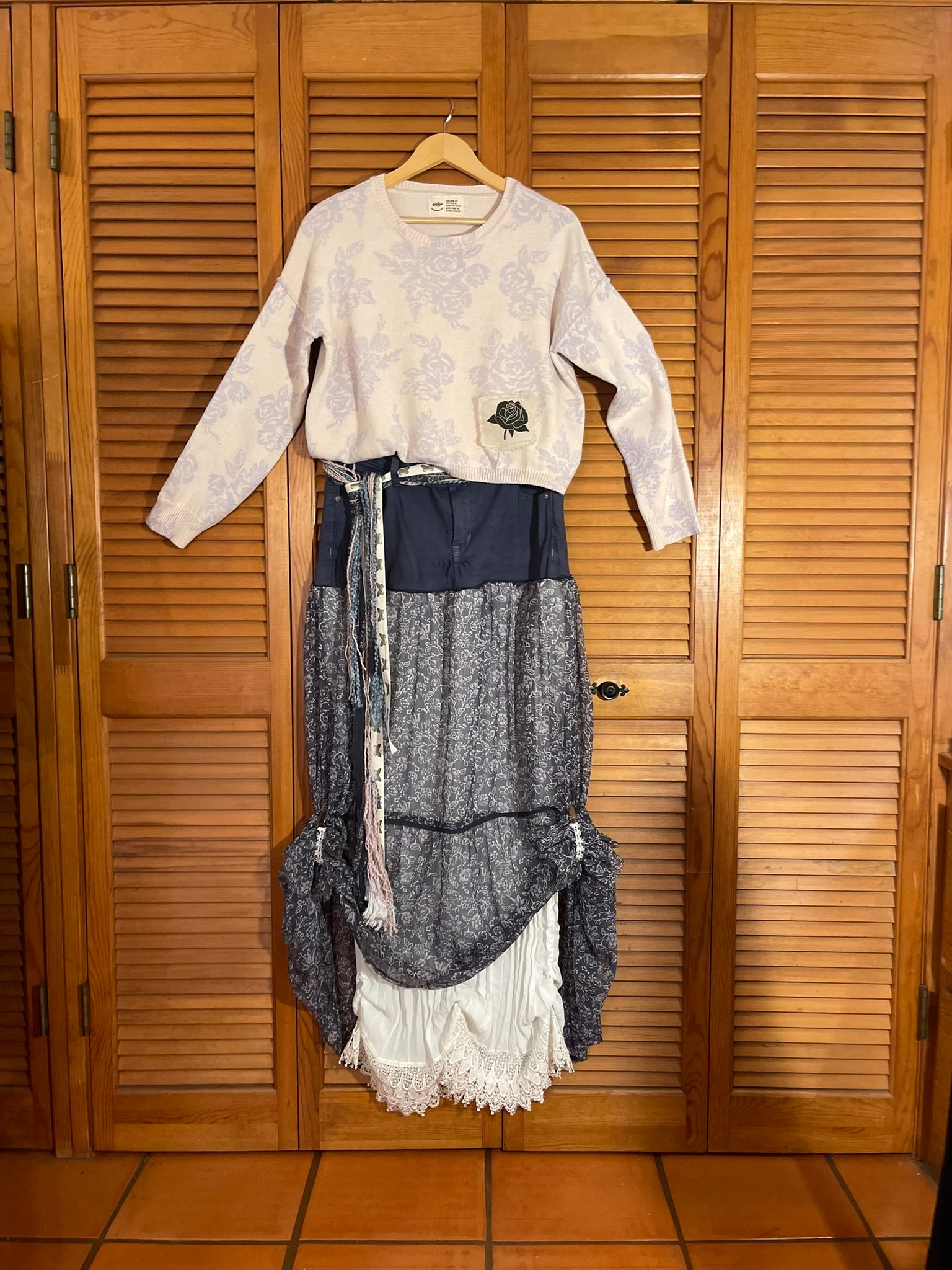 cottage core outfit with up-cycled rose print top and layered skirt