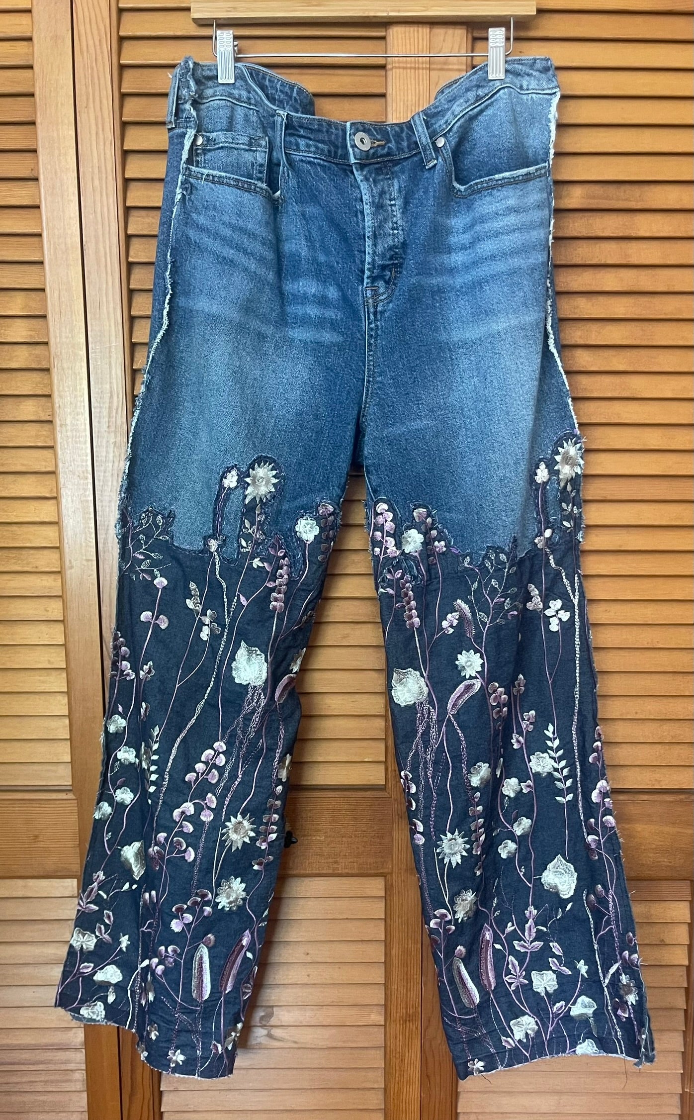 up-cycled blue jeans for women with floral pattern